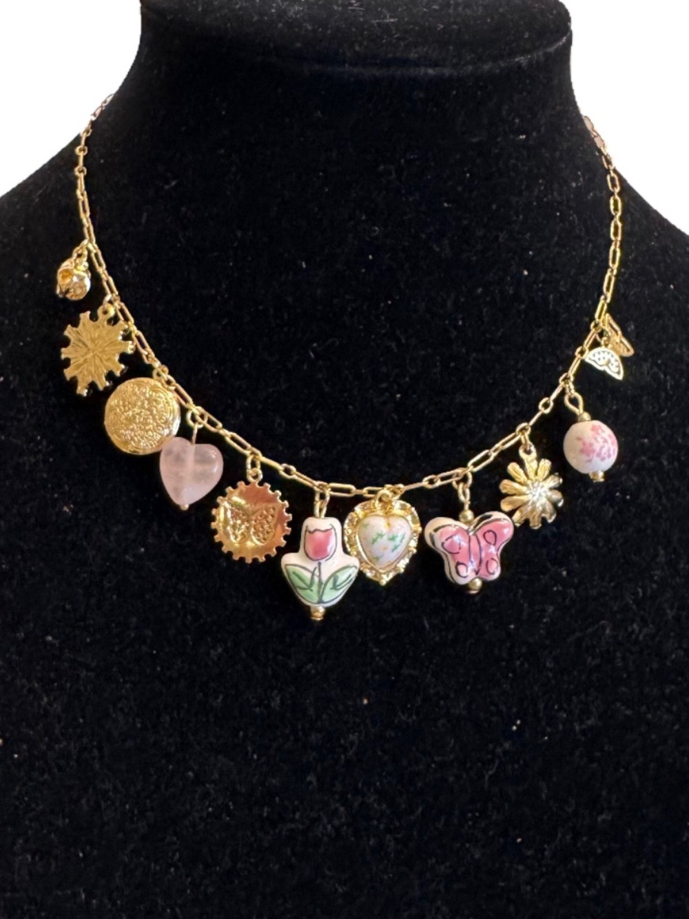 Gold Tone Charm Necklace Floral Heart Butterfly Locket Cottagecore Coquette 19"